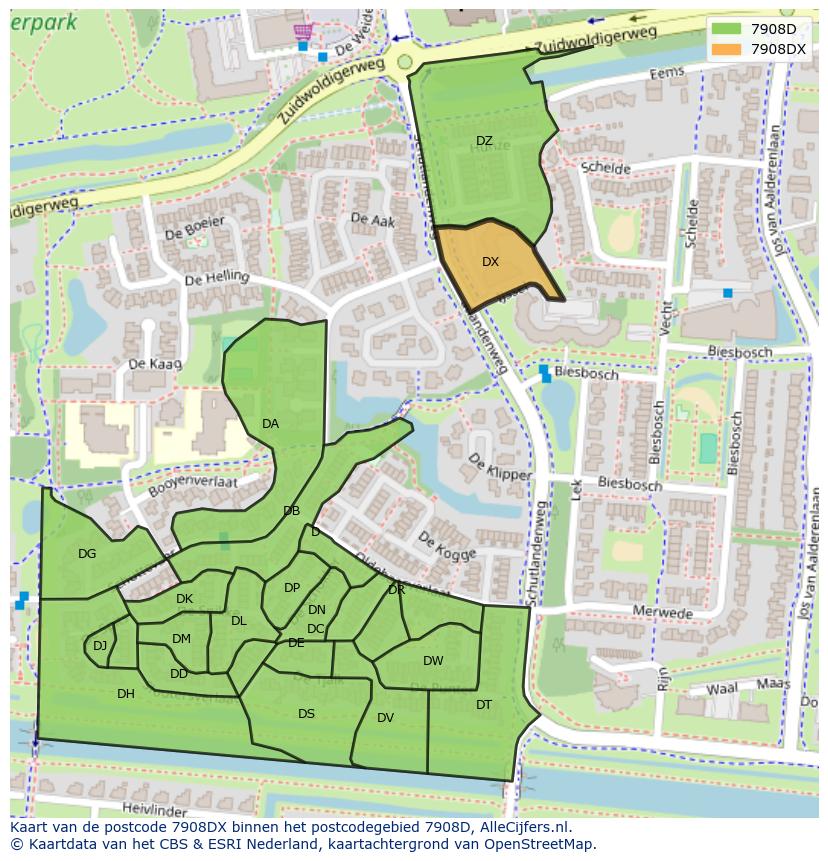 Afbeelding van het postcodegebied 7908 DX op de kaart.