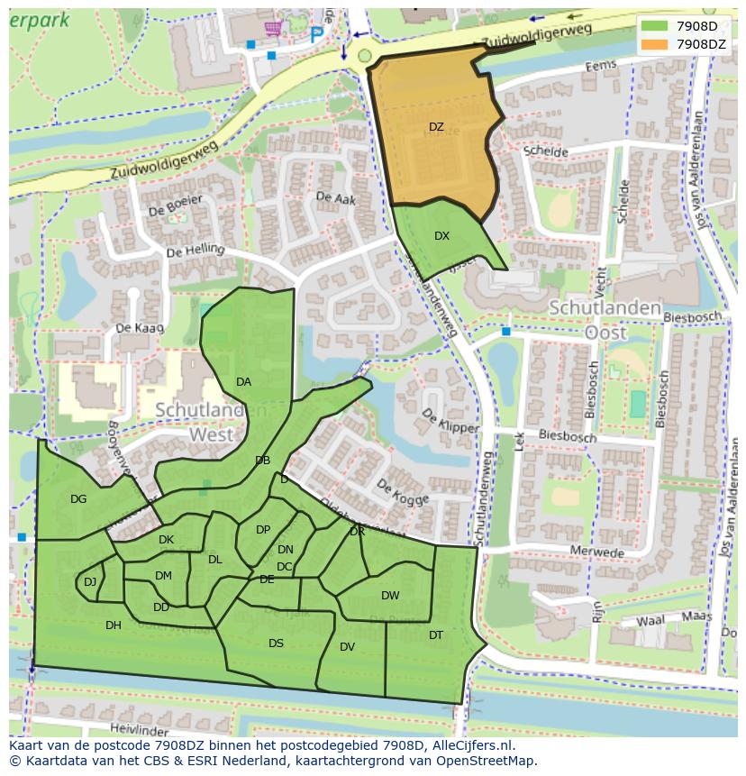 Afbeelding van het postcodegebied 7908 DZ op de kaart.