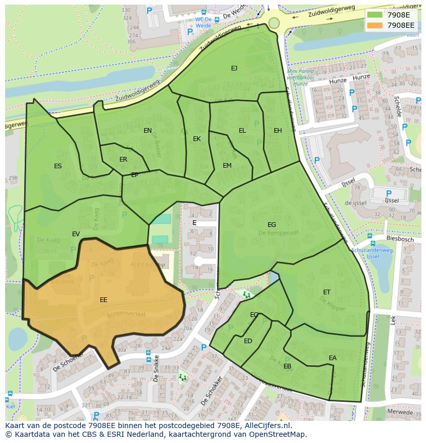 Afbeelding van het postcodegebied 7908 EE op de kaart.
