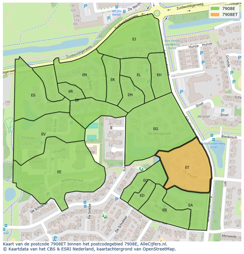 Afbeelding van het postcodegebied 7908 ET op de kaart.