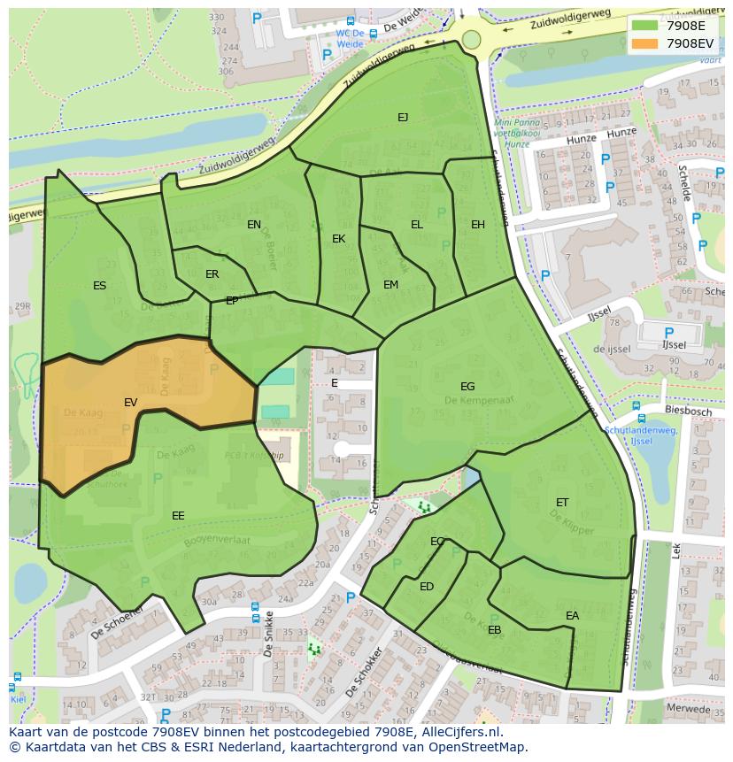 Afbeelding van het postcodegebied 7908 EV op de kaart.