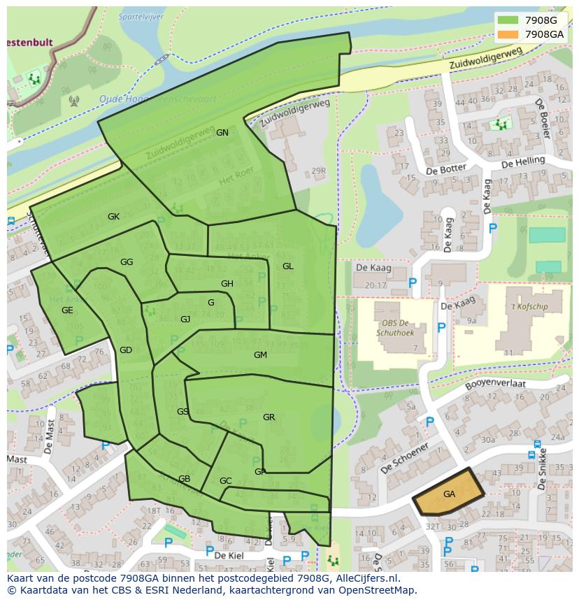 Afbeelding van het postcodegebied 7908 GA op de kaart.