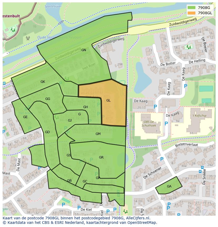 Afbeelding van het postcodegebied 7908 GL op de kaart.