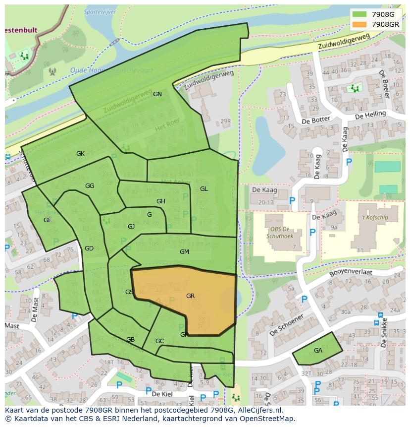 Afbeelding van het postcodegebied 7908 GR op de kaart.