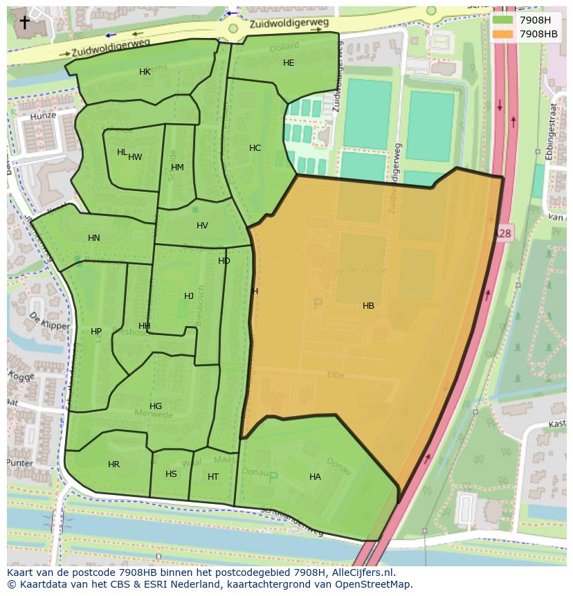 Afbeelding van het postcodegebied 7908 HB op de kaart.
