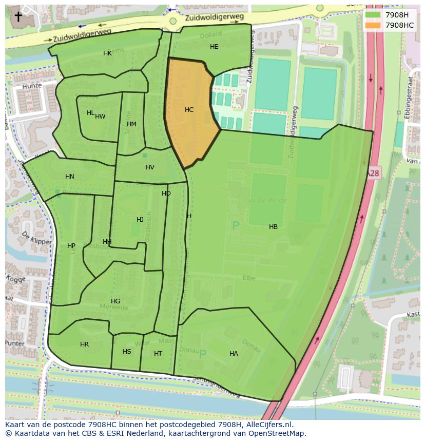 Afbeelding van het postcodegebied 7908 HC op de kaart.