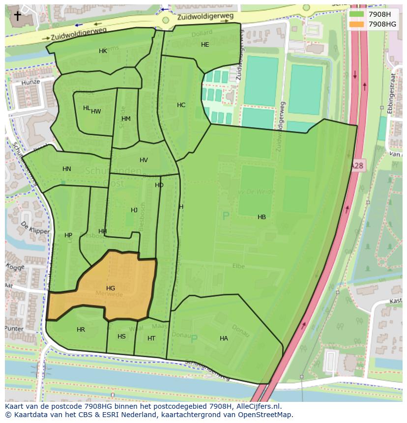 Afbeelding van het postcodegebied 7908 HG op de kaart.