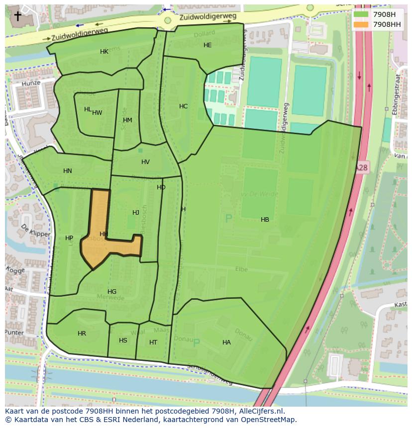 Afbeelding van het postcodegebied 7908 HH op de kaart.