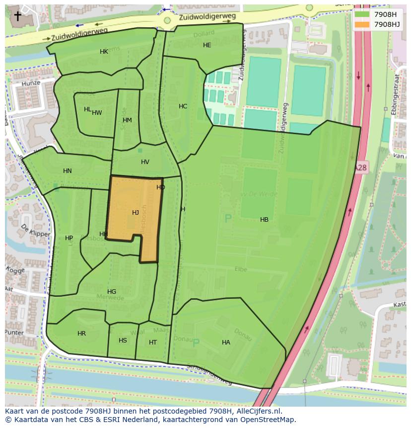 Afbeelding van het postcodegebied 7908 HJ op de kaart.