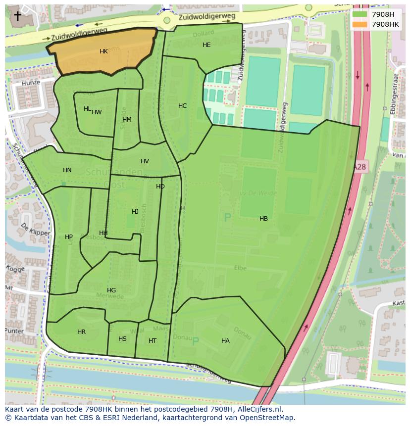 Afbeelding van het postcodegebied 7908 HK op de kaart.