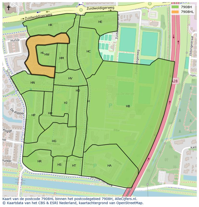 Afbeelding van het postcodegebied 7908 HL op de kaart.