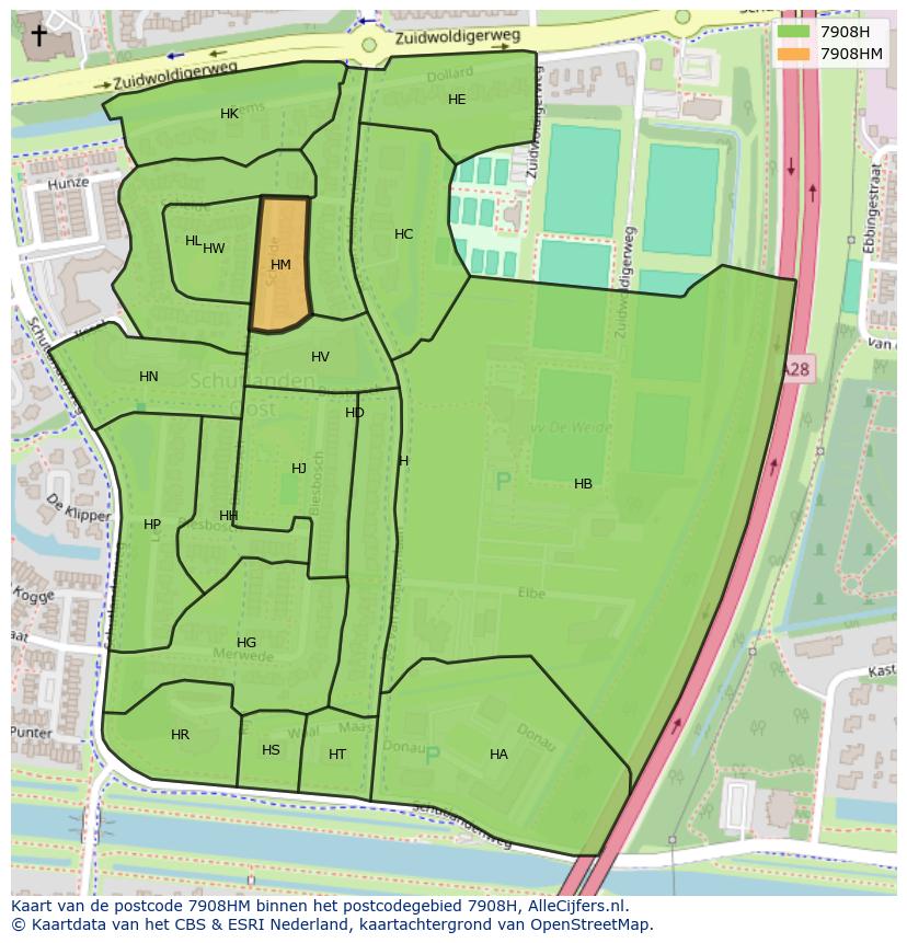 Afbeelding van het postcodegebied 7908 HM op de kaart.