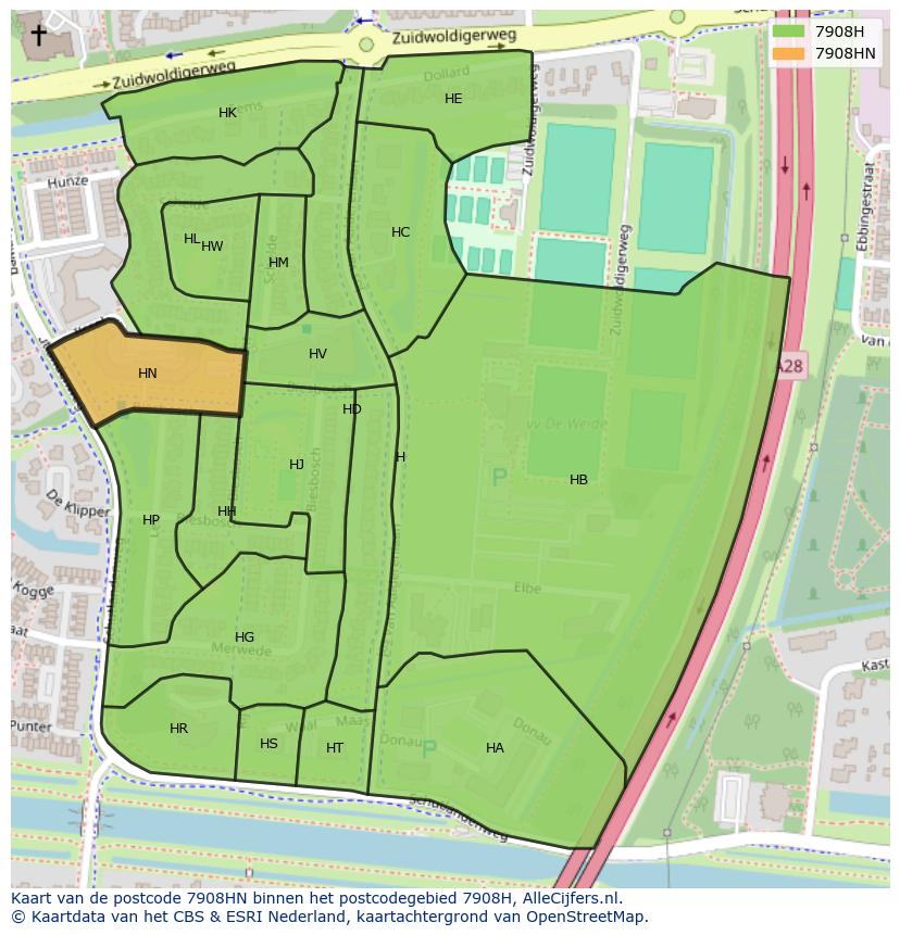 Afbeelding van het postcodegebied 7908 HN op de kaart.