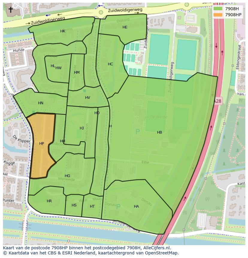 Afbeelding van het postcodegebied 7908 HP op de kaart.