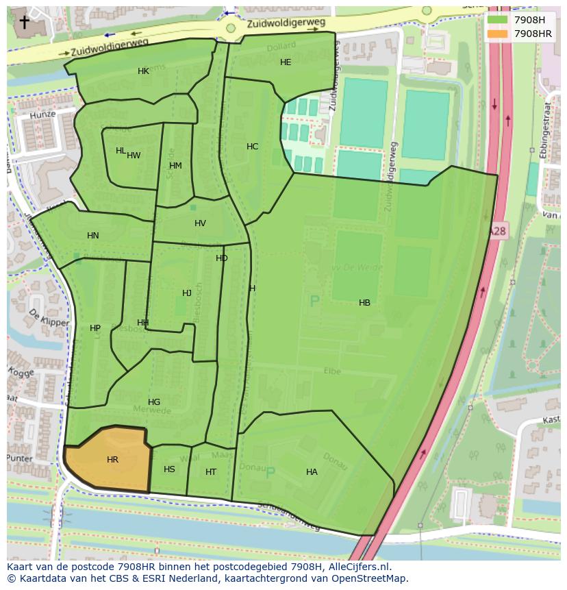 Afbeelding van het postcodegebied 7908 HR op de kaart.