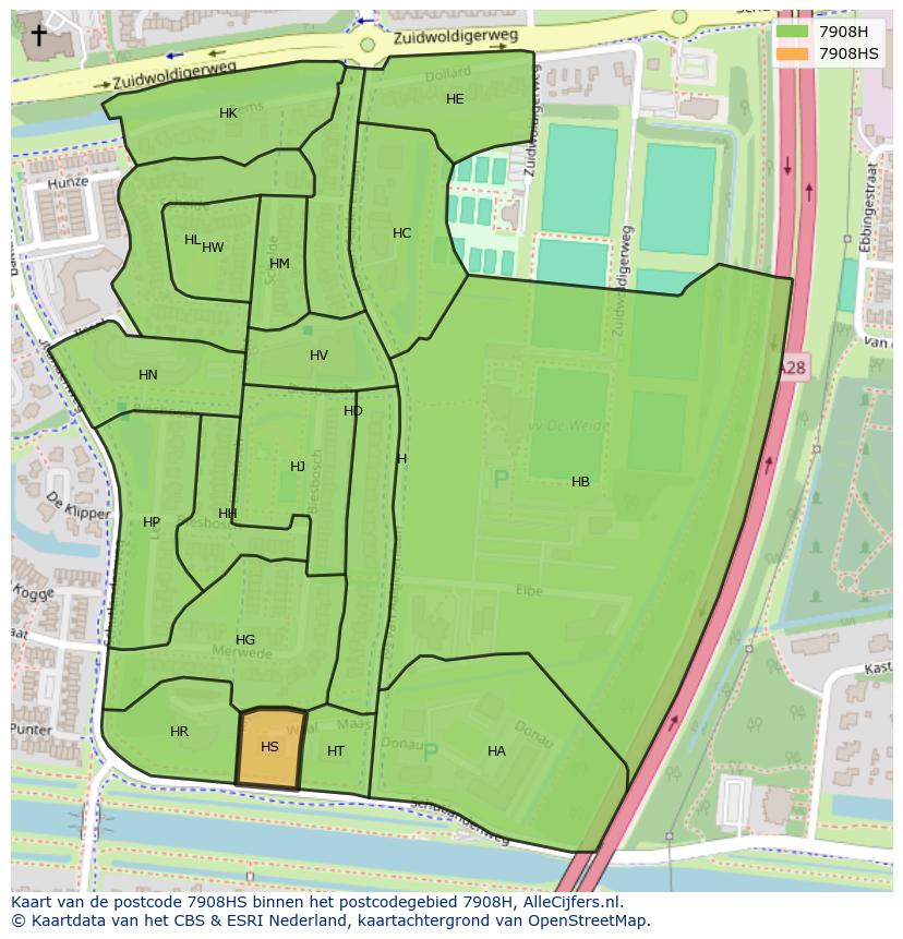 Afbeelding van het postcodegebied 7908 HS op de kaart.