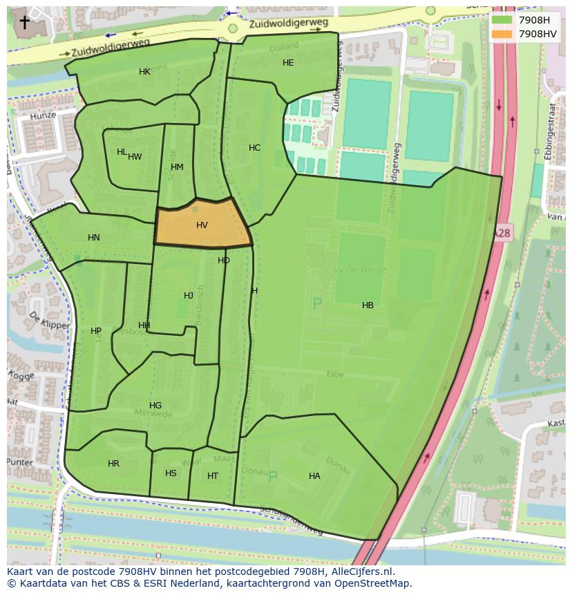 Afbeelding van het postcodegebied 7908 HV op de kaart.