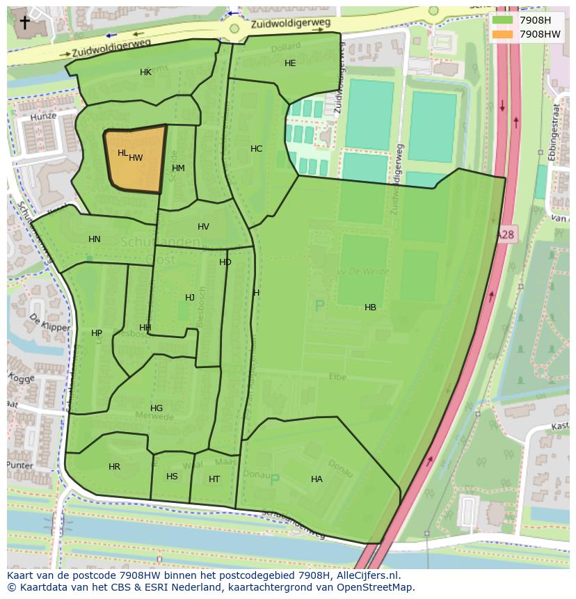 Afbeelding van het postcodegebied 7908 HW op de kaart.