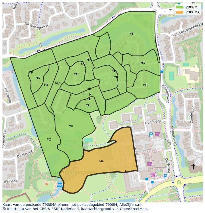 Afbeelding van het postcodegebied 7908 MA op de kaart.