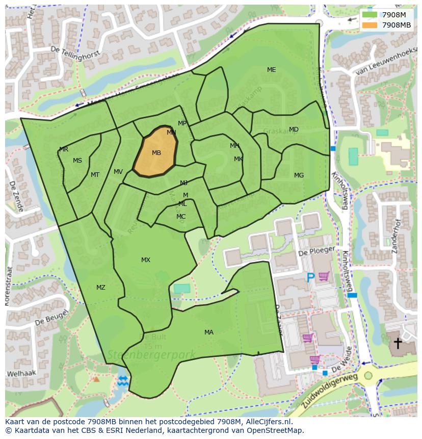 Afbeelding van het postcodegebied 7908 MB op de kaart.