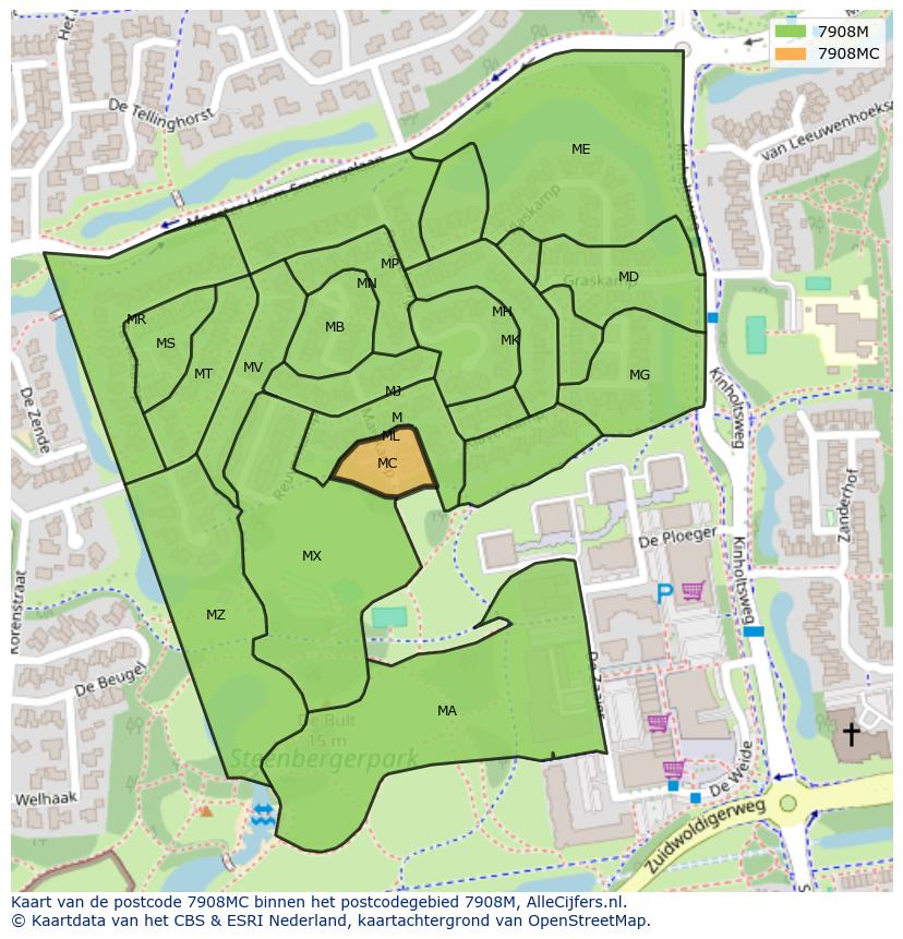Afbeelding van het postcodegebied 7908 MC op de kaart.