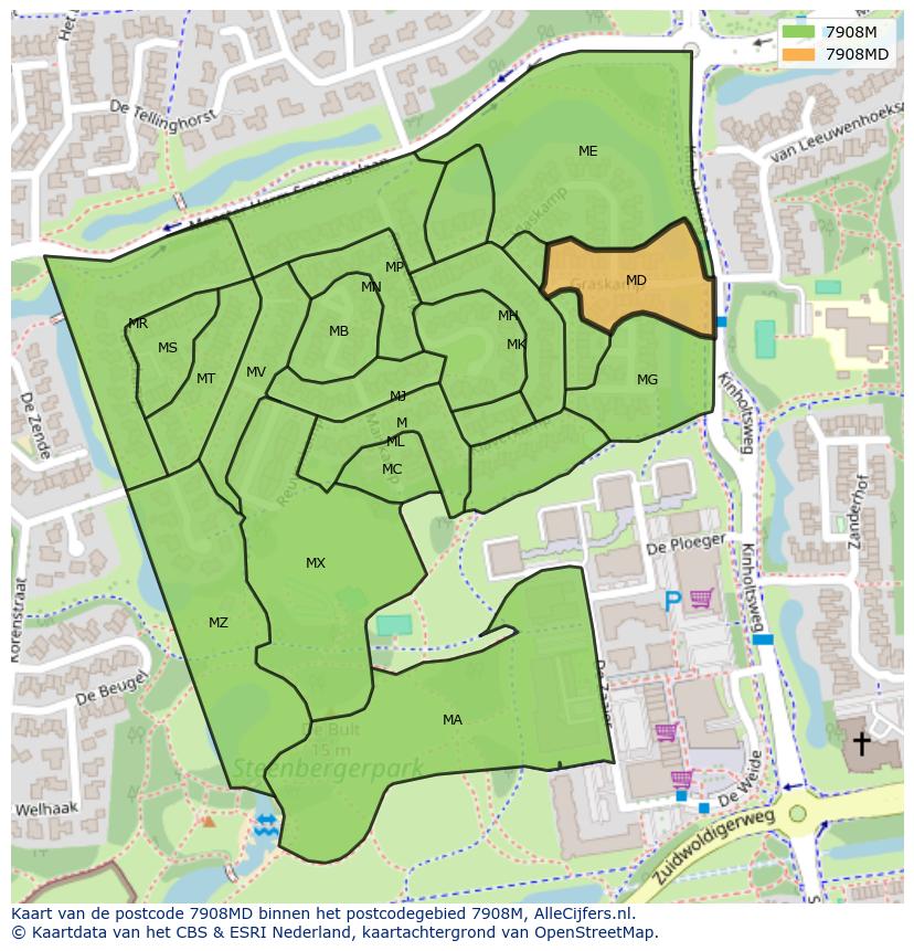 Afbeelding van het postcodegebied 7908 MD op de kaart.