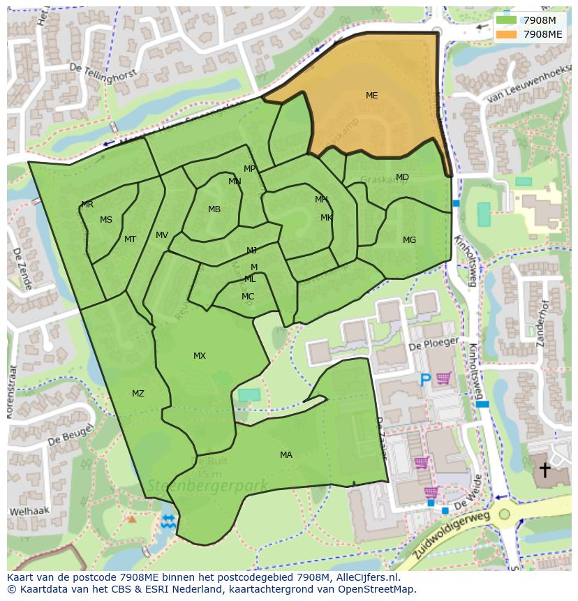 Afbeelding van het postcodegebied 7908 ME op de kaart.
