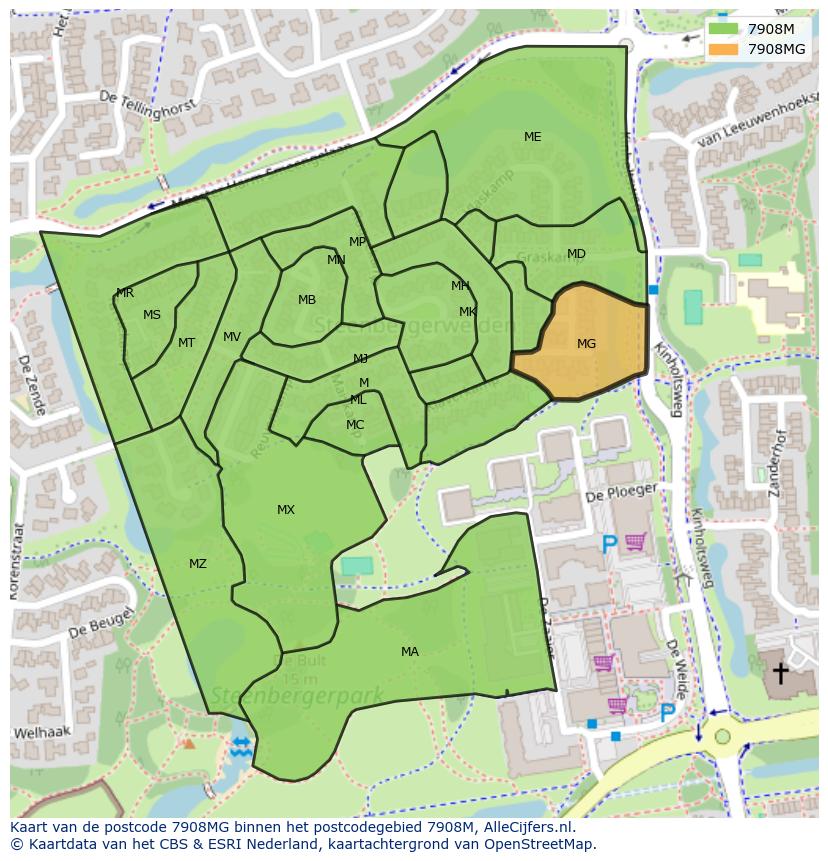 Afbeelding van het postcodegebied 7908 MG op de kaart.