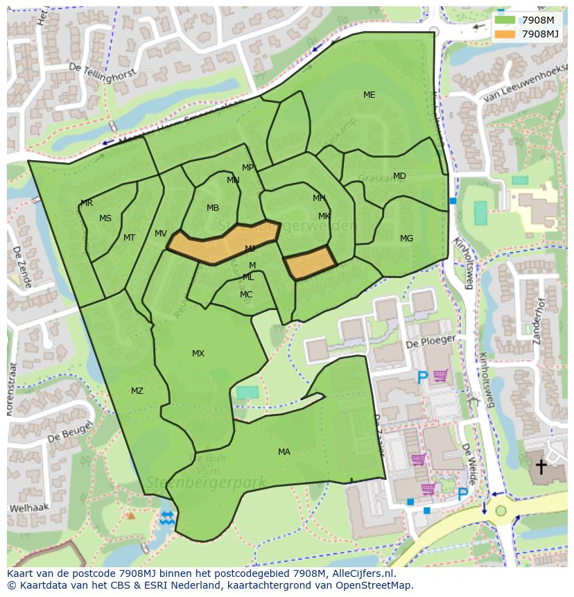 Afbeelding van het postcodegebied 7908 MJ op de kaart.
