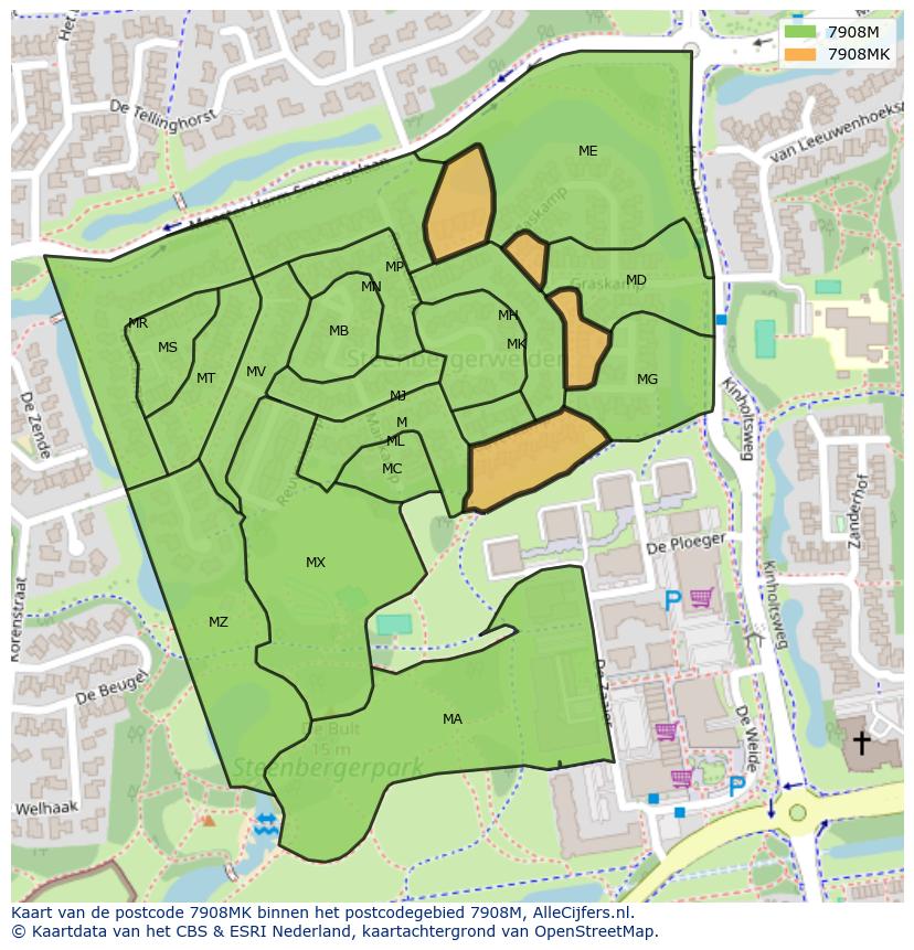 Afbeelding van het postcodegebied 7908 MK op de kaart.
