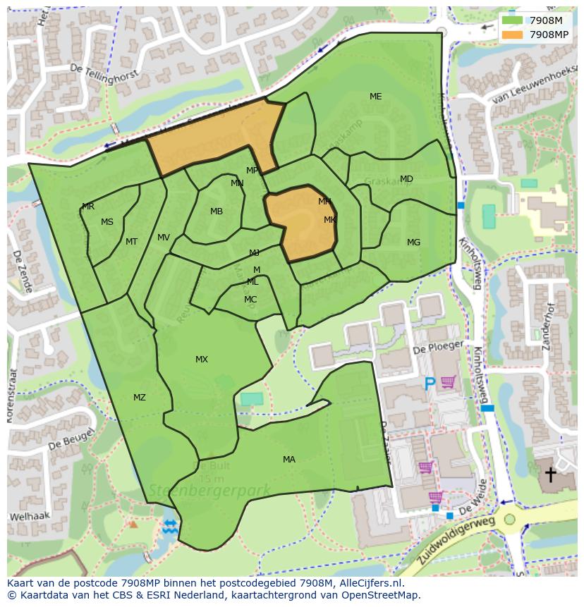 Afbeelding van het postcodegebied 7908 MP op de kaart.