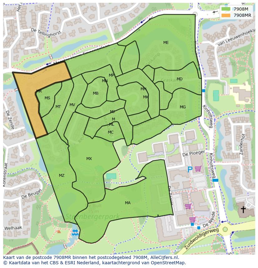 Afbeelding van het postcodegebied 7908 MR op de kaart.