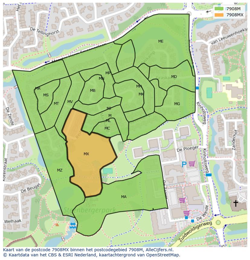 Afbeelding van het postcodegebied 7908 MX op de kaart.