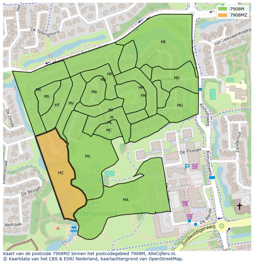 Afbeelding van het postcodegebied 7908 MZ op de kaart.