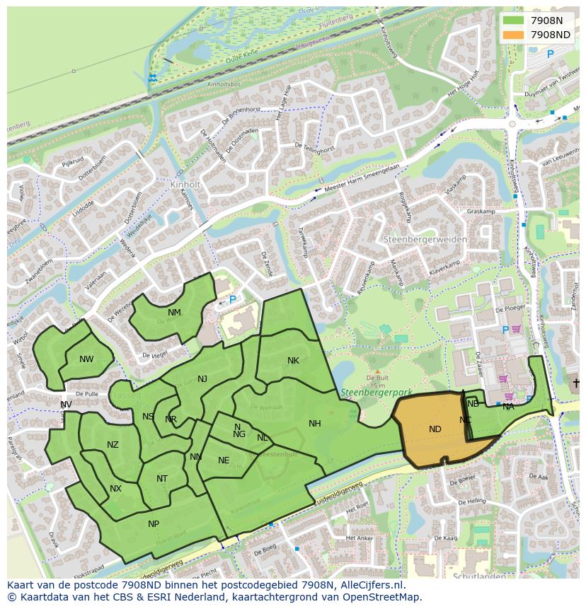 Afbeelding van het postcodegebied 7908 ND op de kaart.