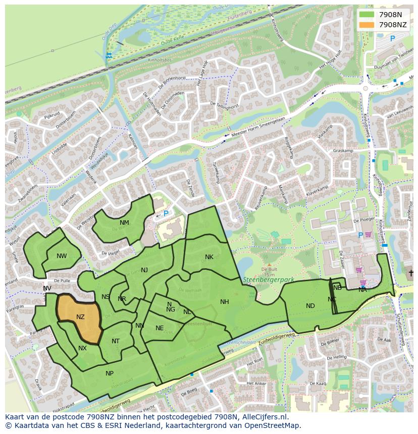 Afbeelding van het postcodegebied 7908 NZ op de kaart.