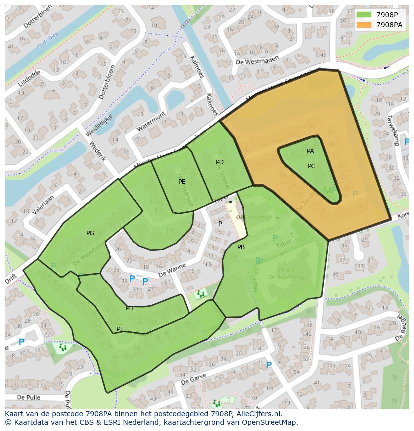 Afbeelding van het postcodegebied 7908 PA op de kaart.