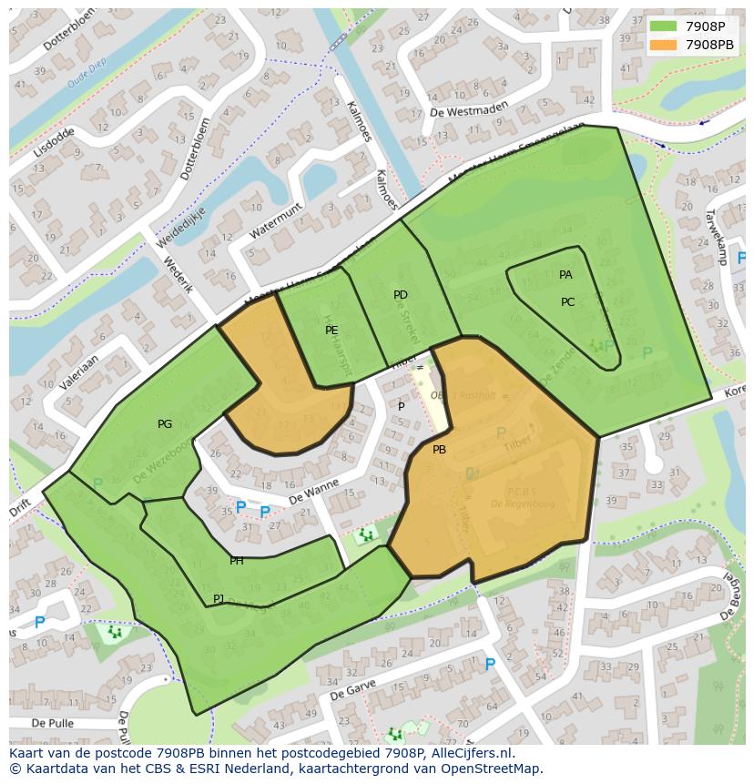 Afbeelding van het postcodegebied 7908 PB op de kaart.