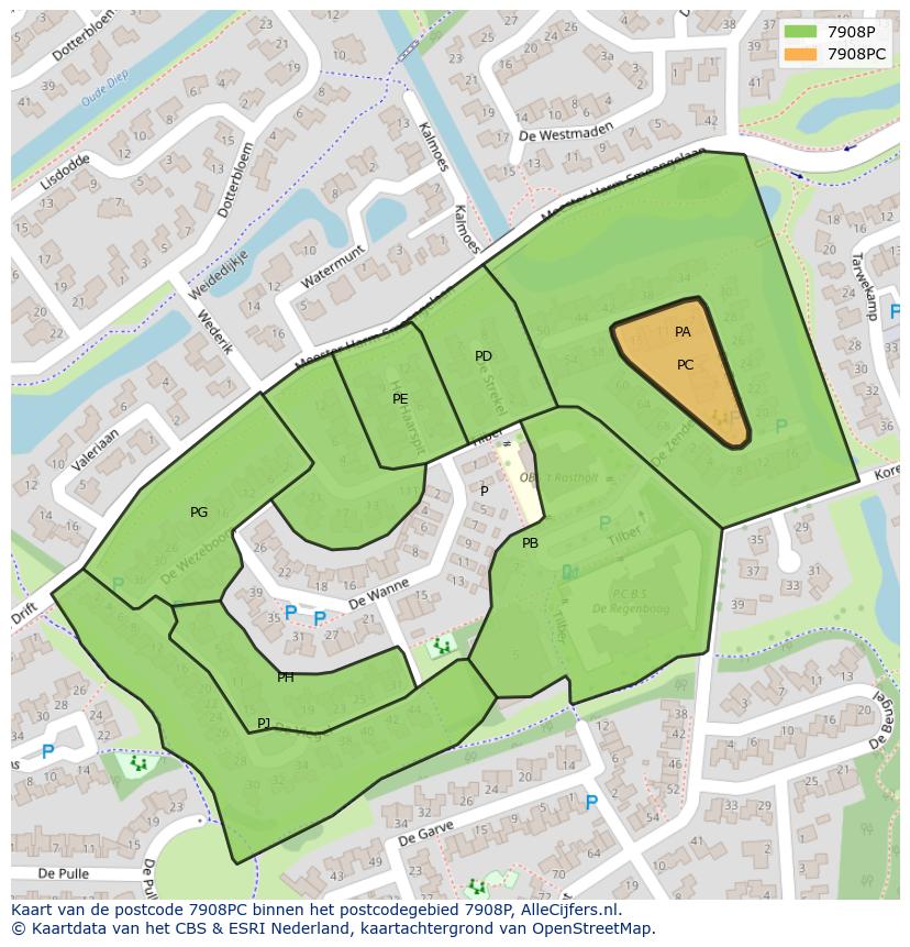 Afbeelding van het postcodegebied 7908 PC op de kaart.