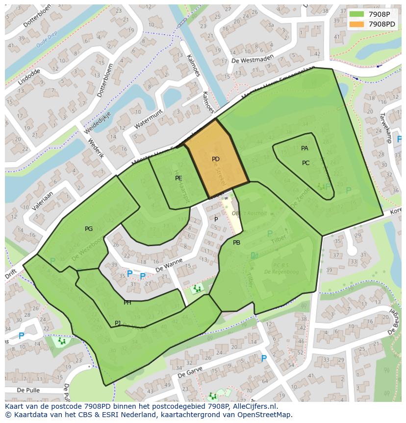 Afbeelding van het postcodegebied 7908 PD op de kaart.