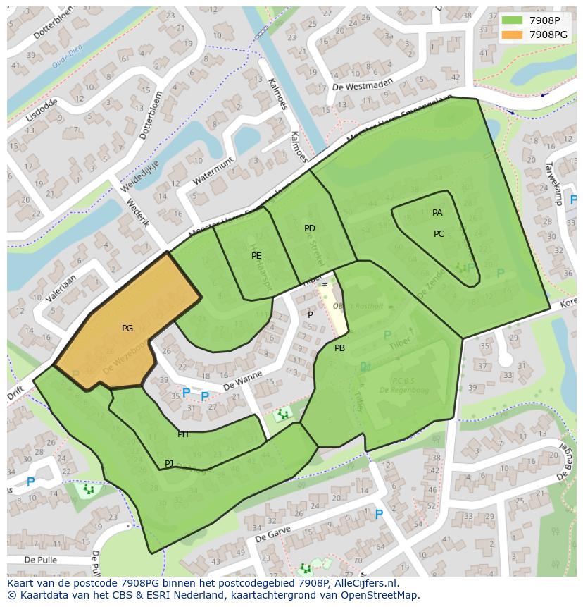 Afbeelding van het postcodegebied 7908 PG op de kaart.