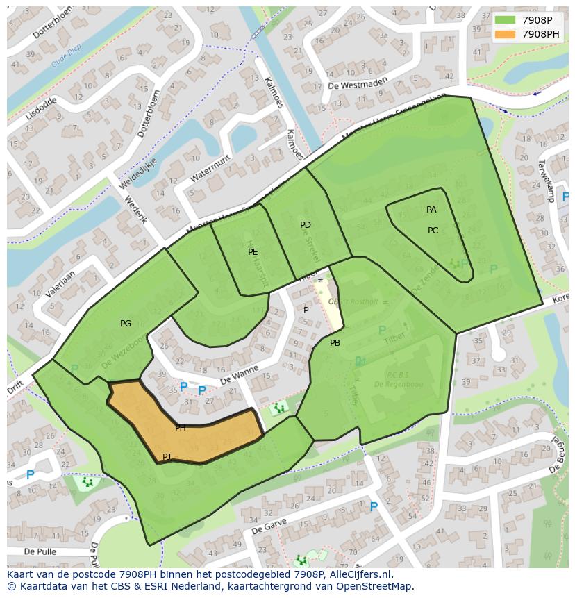Afbeelding van het postcodegebied 7908 PH op de kaart.
