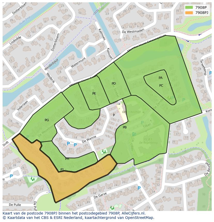 Afbeelding van het postcodegebied 7908 PJ op de kaart.