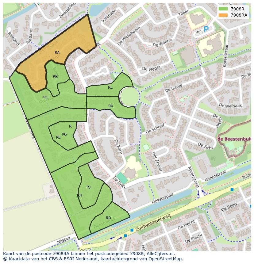 Afbeelding van het postcodegebied 7908 RA op de kaart.