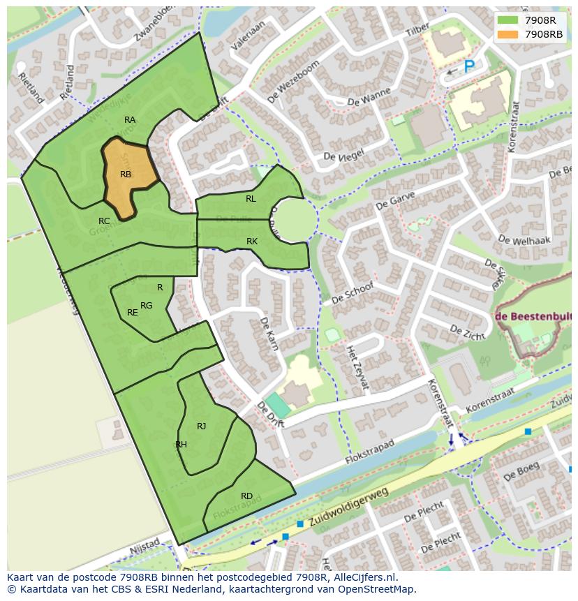 Afbeelding van het postcodegebied 7908 RB op de kaart.