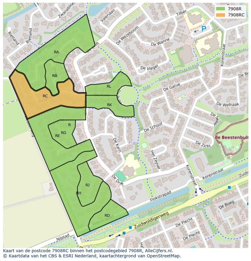 Afbeelding van het postcodegebied 7908 RC op de kaart.