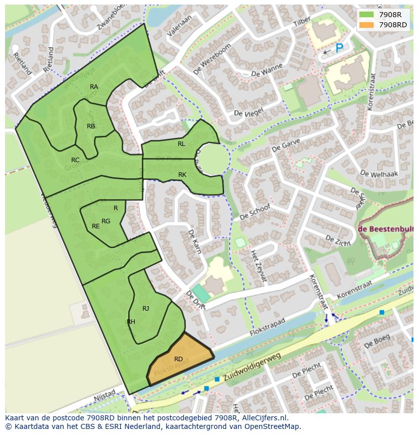 Afbeelding van het postcodegebied 7908 RD op de kaart.