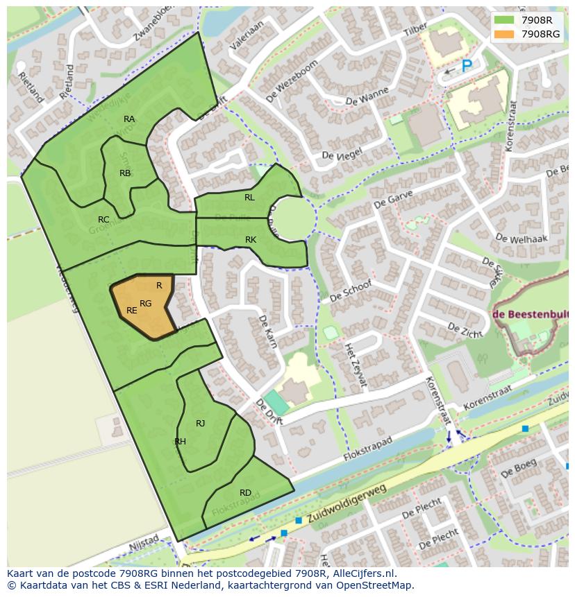 Afbeelding van het postcodegebied 7908 RG op de kaart.