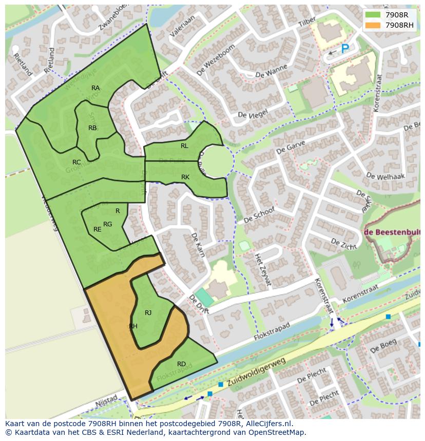 Afbeelding van het postcodegebied 7908 RH op de kaart.
