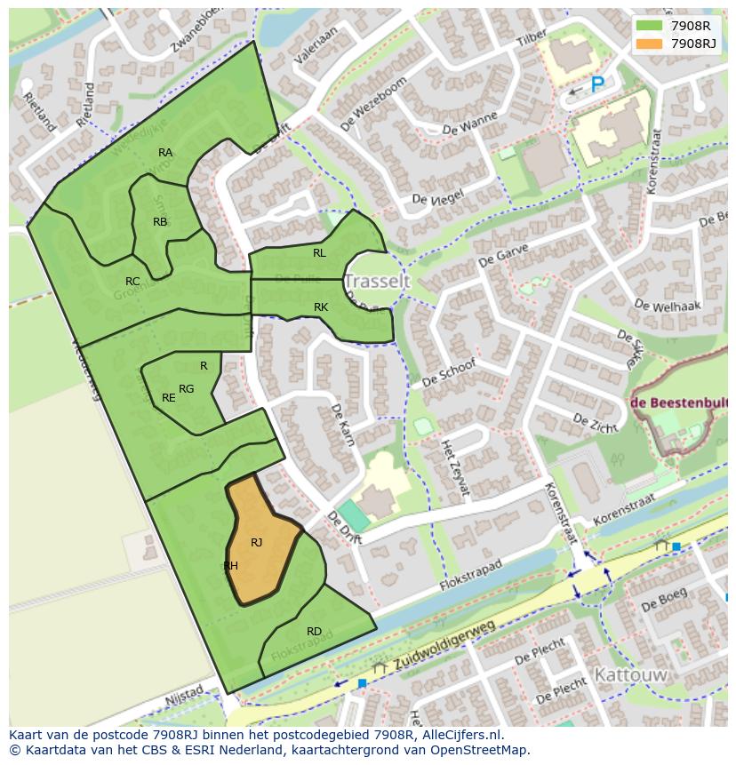 Afbeelding van het postcodegebied 7908 RJ op de kaart.